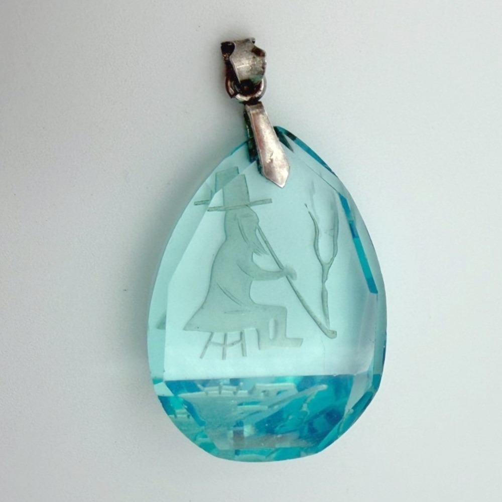 Vintage Sterling Silver Aqua Glass Reverse Carved Asian Scholar Intaglio Pendant